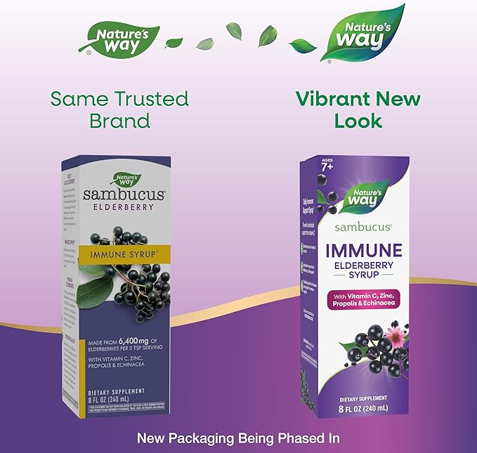 Nature's Way Sambucus Immune Syrup, Elderberry Extract, Vitamin C, Zinc, Echinacea, Propolis, Daily Immune Support*, Antioxidant Support*, Gluten free, Vegetarian, 8 Fl Oz