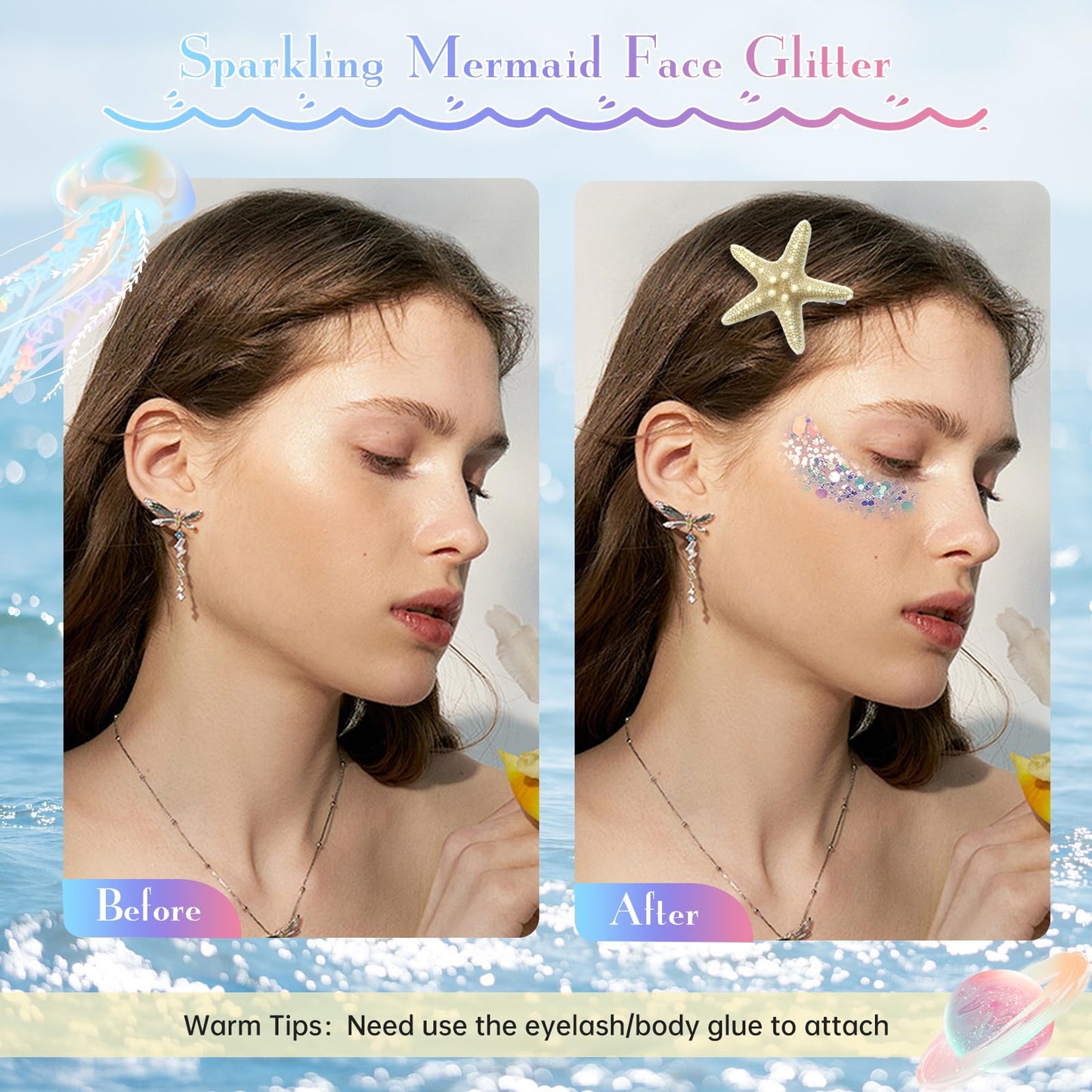 JELUTAR 3 Pcs Starfish Hair Clips Set, Mermaid Costume Accessories with Face Body Glitter and Pearl Stickers for Women Girls,Per