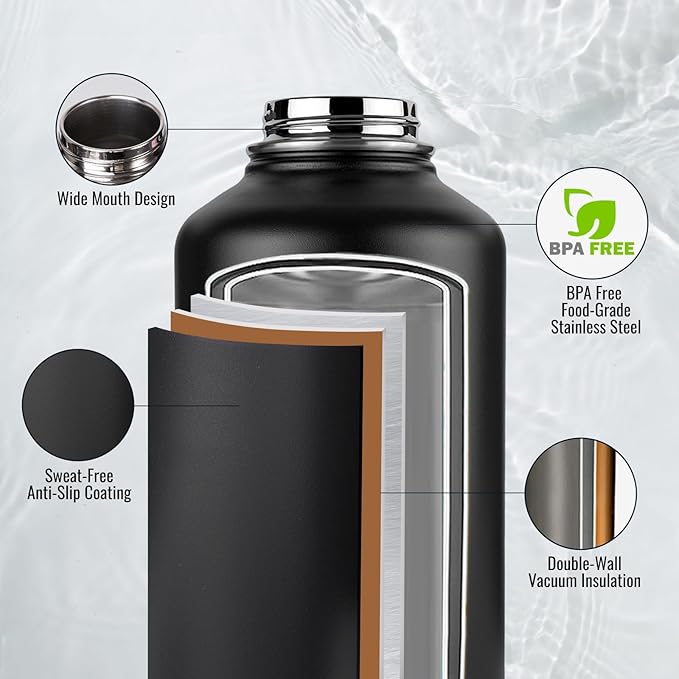 Half Gallon Water Bottle with 2 Lids (Straw & Spout), 304 Stainless Steel Sports Insulated Bottle with Handle, 64 oz Vacuum Double Walled Water Jug with Wide Mouth, BPA Free, Black