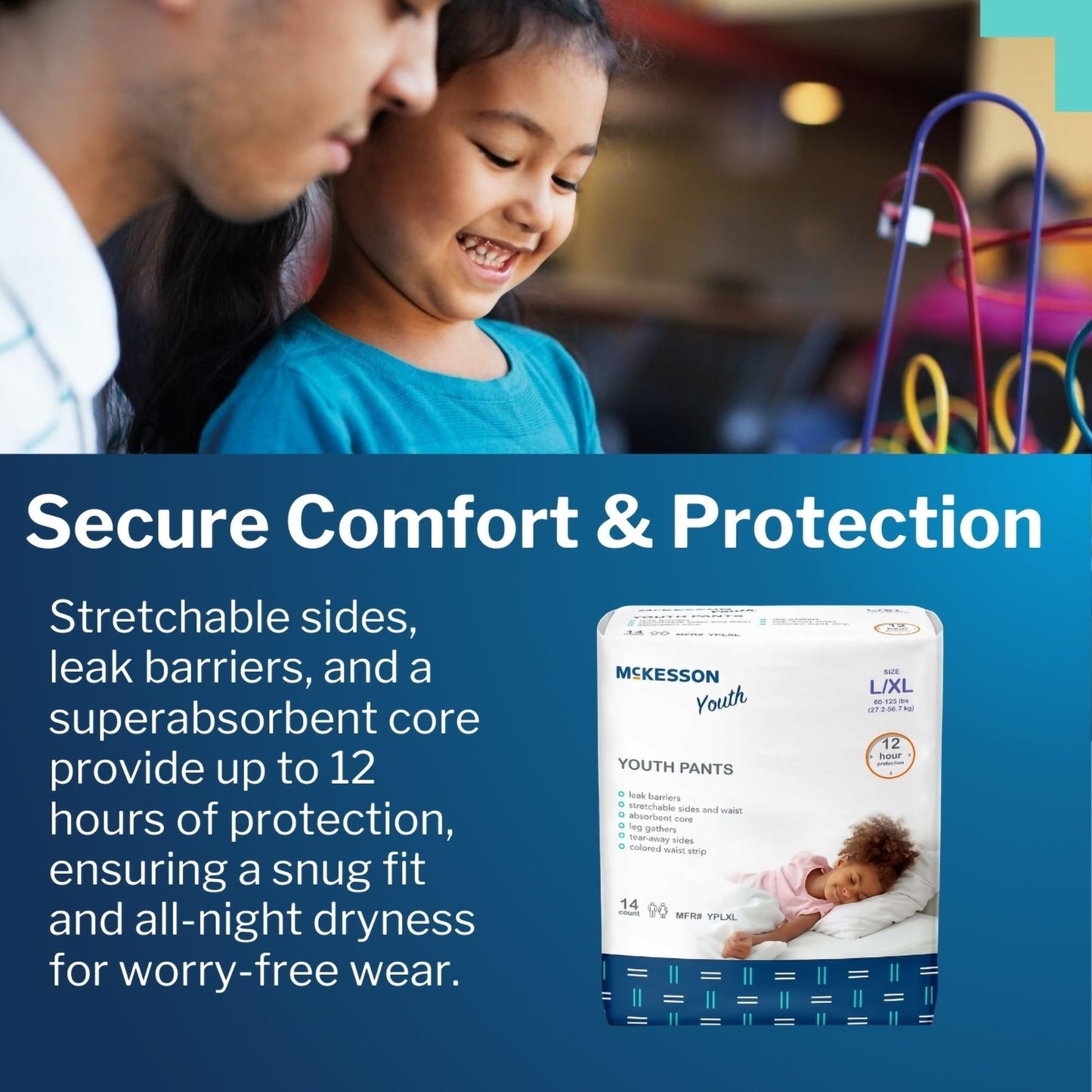 McKesson Youth Training Pants, [14 Count], Overnight Disposable Pull Up Diapers, L/XL, 60-125 lbs, Absorbent 12 Hour Leak Protection with Leg Gathers and Tear-Away Sides, for Boys or Girls, Pediatric