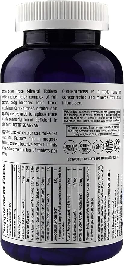 Trace Minerals ConcenTrace Trace Mineral Tablets - Supplement for Bone & Joint Support - Aids Hydration & Electrolyte Restoration - 90 Tablets (30 Servings)