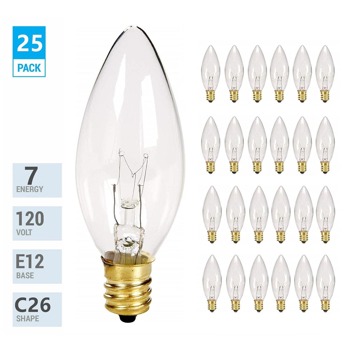 Sunsgne 25 Pack Clear Torpedo Tip Replacement Bulbs - E12 Candelabra Base, 120V 7 Watts, Ideal For Electric Candle Lamps & Chandeliers