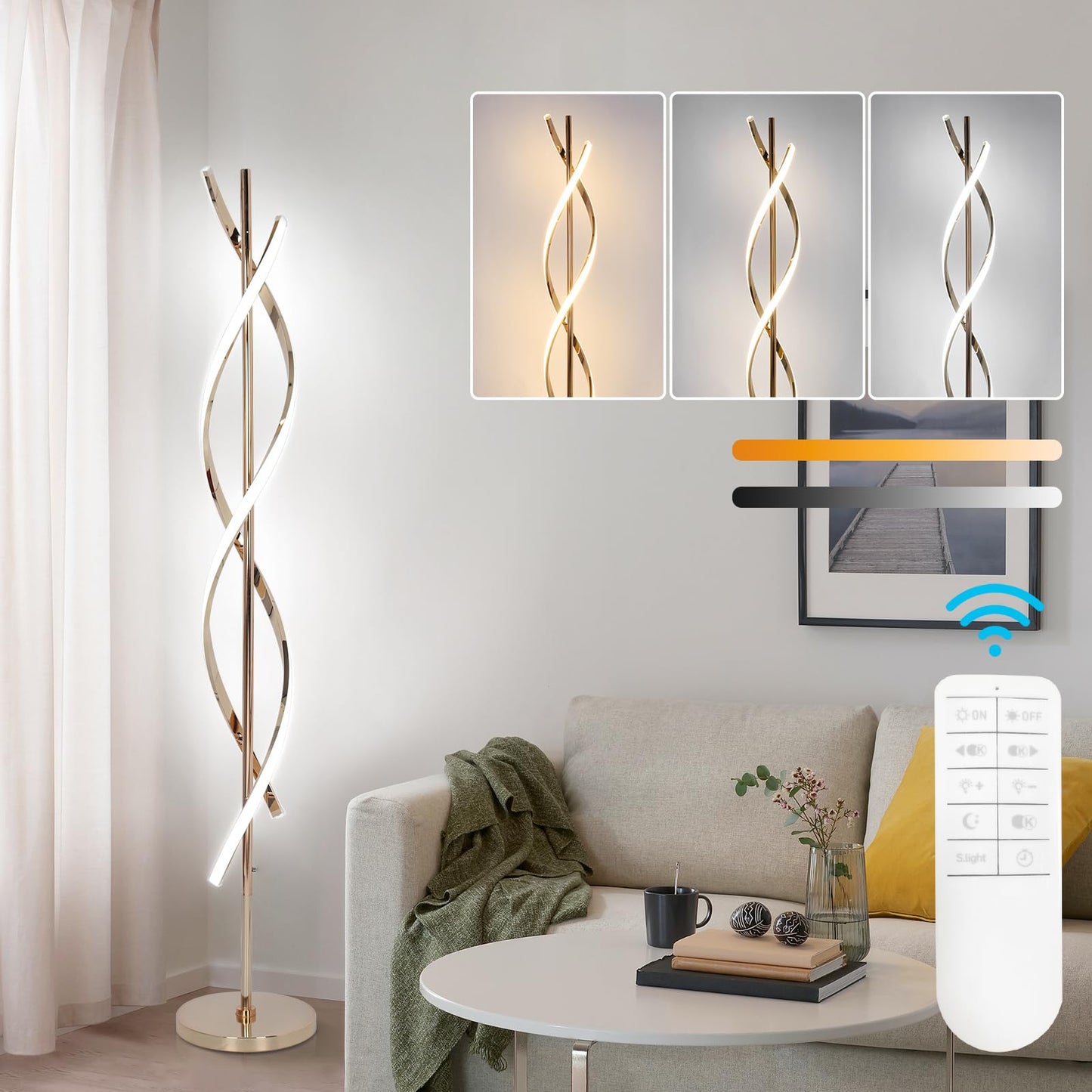 Eidearay Led Modern Floor Lamp, 40W Dimmable, Color-Changing, 60 Spiral Design, Gold, Model Ldd-G1
