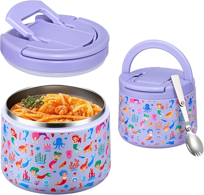 Kids Thermo for Hot Food, 14oz Insulated Soup Jar, Stainless Steel Lunch Box with Leakproof Lid & Spoon, Vacuum Insulated Bento Container (Mermaids Purple)