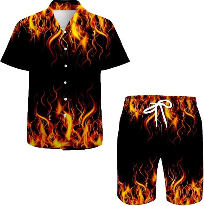 QiErDesign Men's Hawaiian Shirts Casual Button Down Short Sleeve Shirts Set Printed Shorts Beach Hawaii Suits