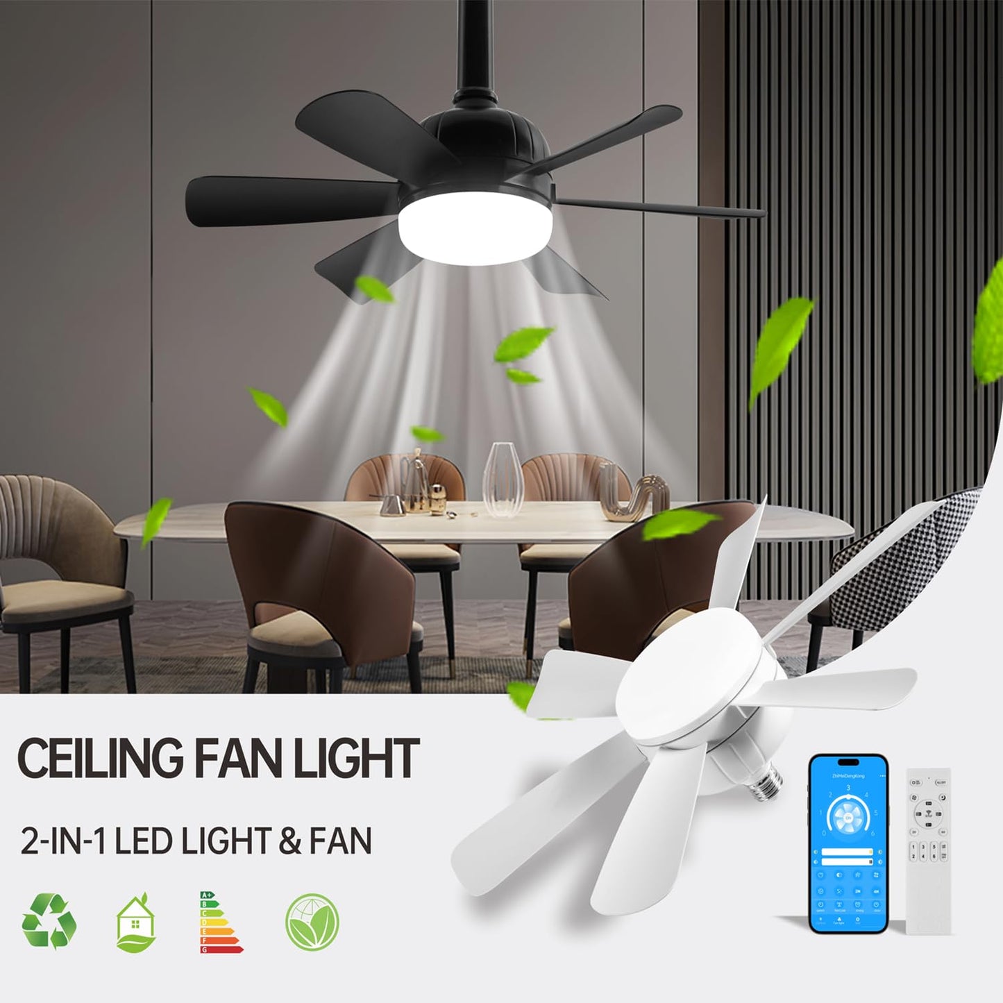 Superyofo Socket Fan LED Ceiling Lights, 18inch Dimmable, 3000K-6500K, 1800LM, Black, 2-Pack