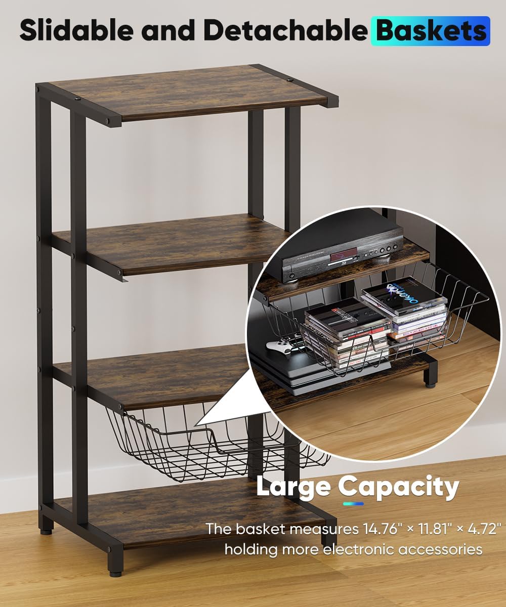 Media Stand with Detachable Baskets, 4-Tier AV Media Stand Corner Shelf for DVD Players/Cable Boxes/Games Consoles, Audio Storage Rack for Living Room, Gaming Room, Music Studio, Black