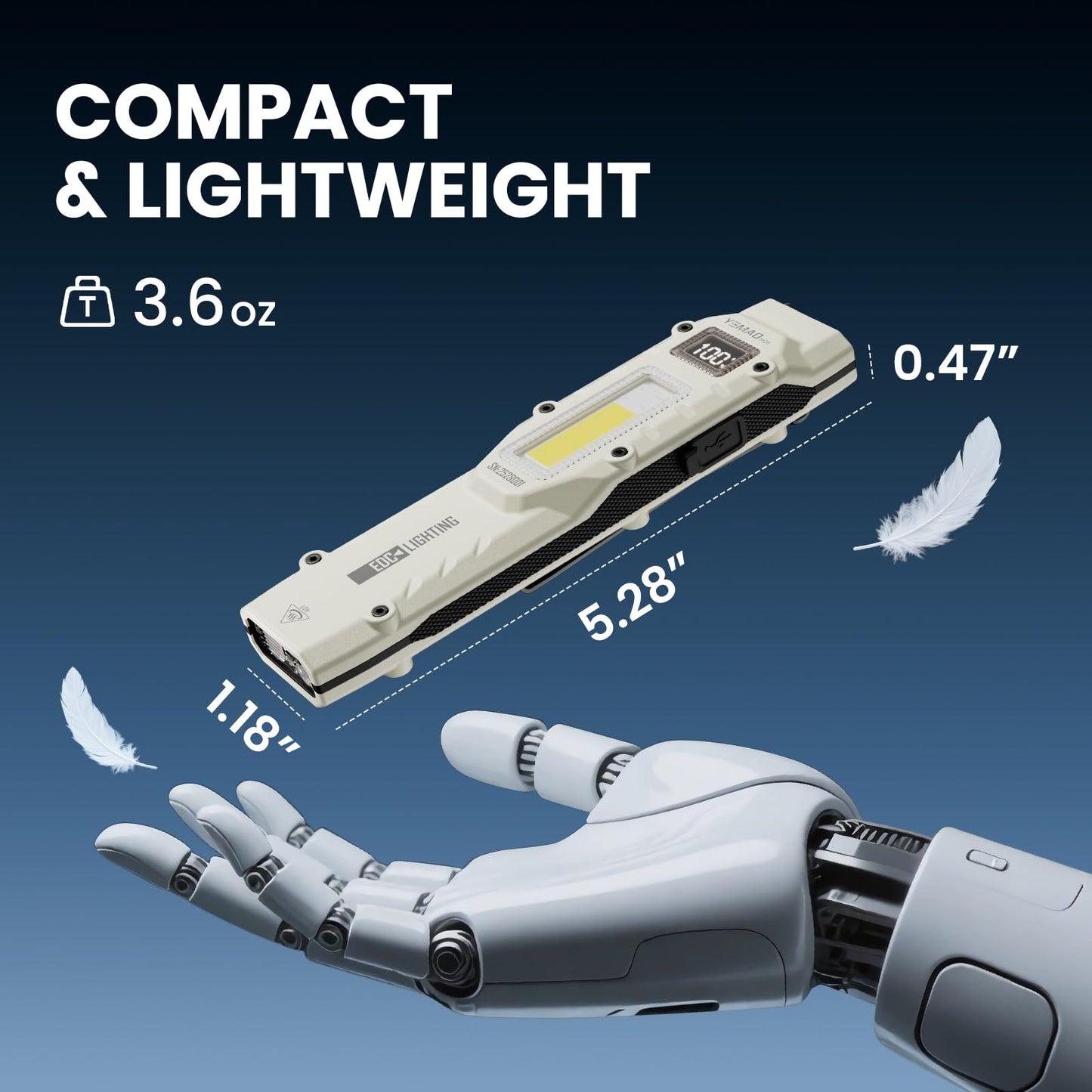Yemao Flat Flashlight, 880 Lumen, Rechargeable, Stainless Steel, Pocket Size, Model YM-M28, White, 13 Modes, Dual Switches