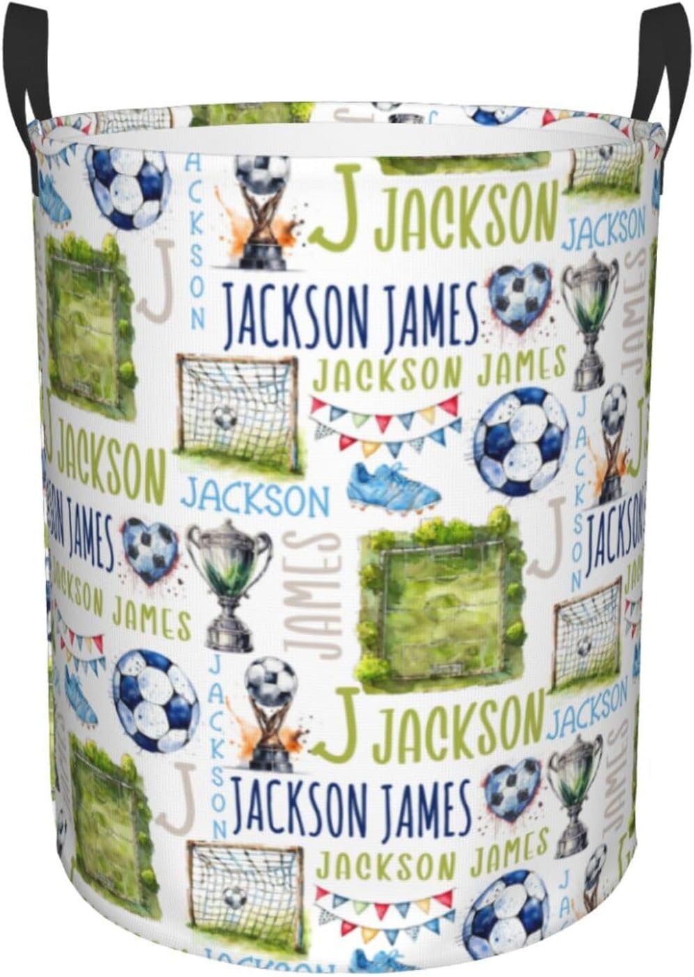 Personalized Soccer Laundry Basket, Custom Sports Laundry Hamper With Name Gifts For Kids Baby Adults, Collapsible Dirty Clothes Storage Organizer With Handles M 19.6 X 15.7in