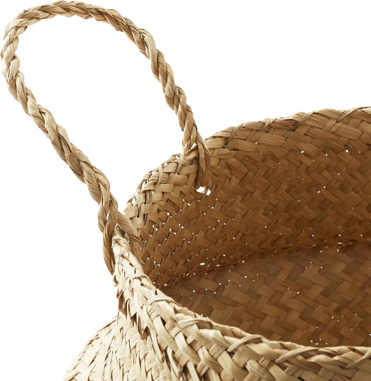 Casafield Seagrass Belly Storage Basket Planter with Handles - Small, Natural Woven Wicker Indoor Plant Pot Cover for Plants and Trees