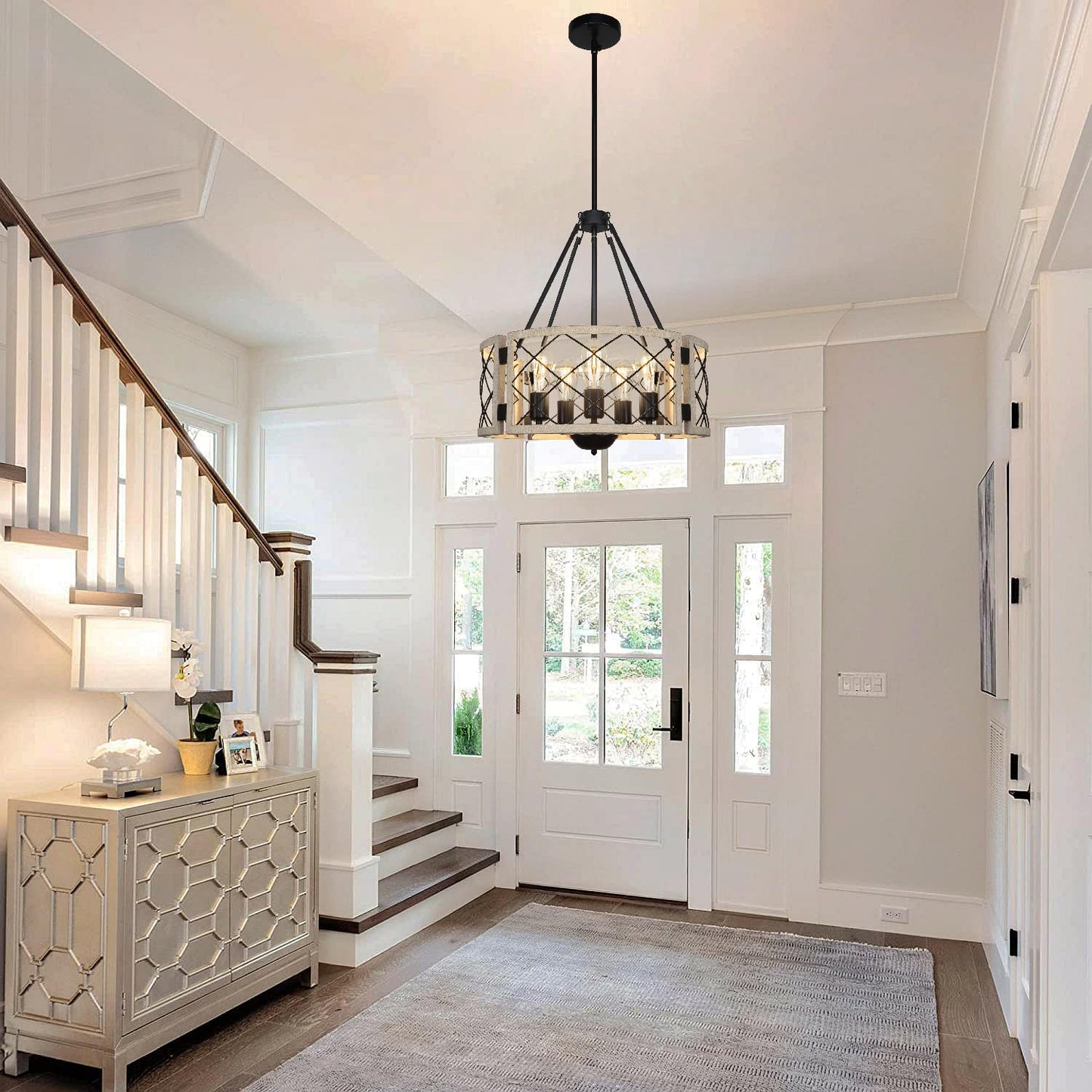 Sigaitwei 18.9 Farmhouse Drum Chandelier  5-Light Adjustable Dining Room Light Fixture Kitchen Island Lighting  Rustic Hanging Lights For Entryway Dining Room Kitchen Table Foyer Living Room.