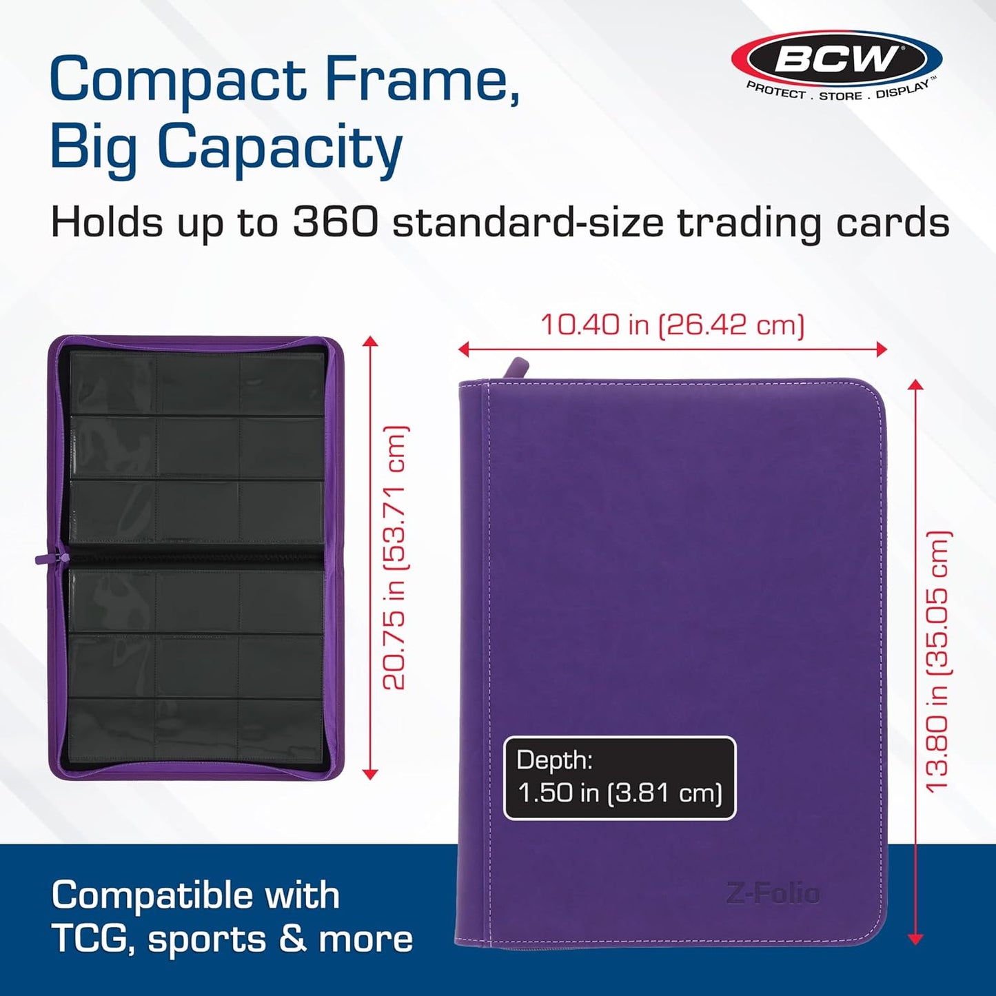 BCW Z-Folio 9-Pocket LX Album - Purple | Secure Zipper Card Organizer | Premium Leatherette Card Collection Binder | Trading Card Binder for Pokemon, MTG, Sport Cards and More