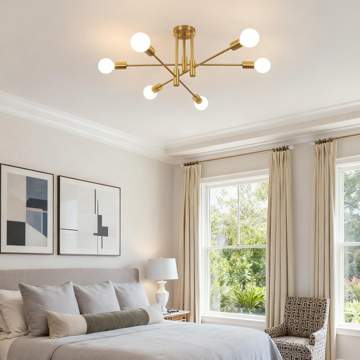 Tealight Gold Sputnik Ceiling Light Fixture  Industrial Lighting Fixture Semi Flush Mount Ceiling Chandelier For Bedroom  Living Room  Kitchen  Dining Room  Hallway (6-Lights Gold)