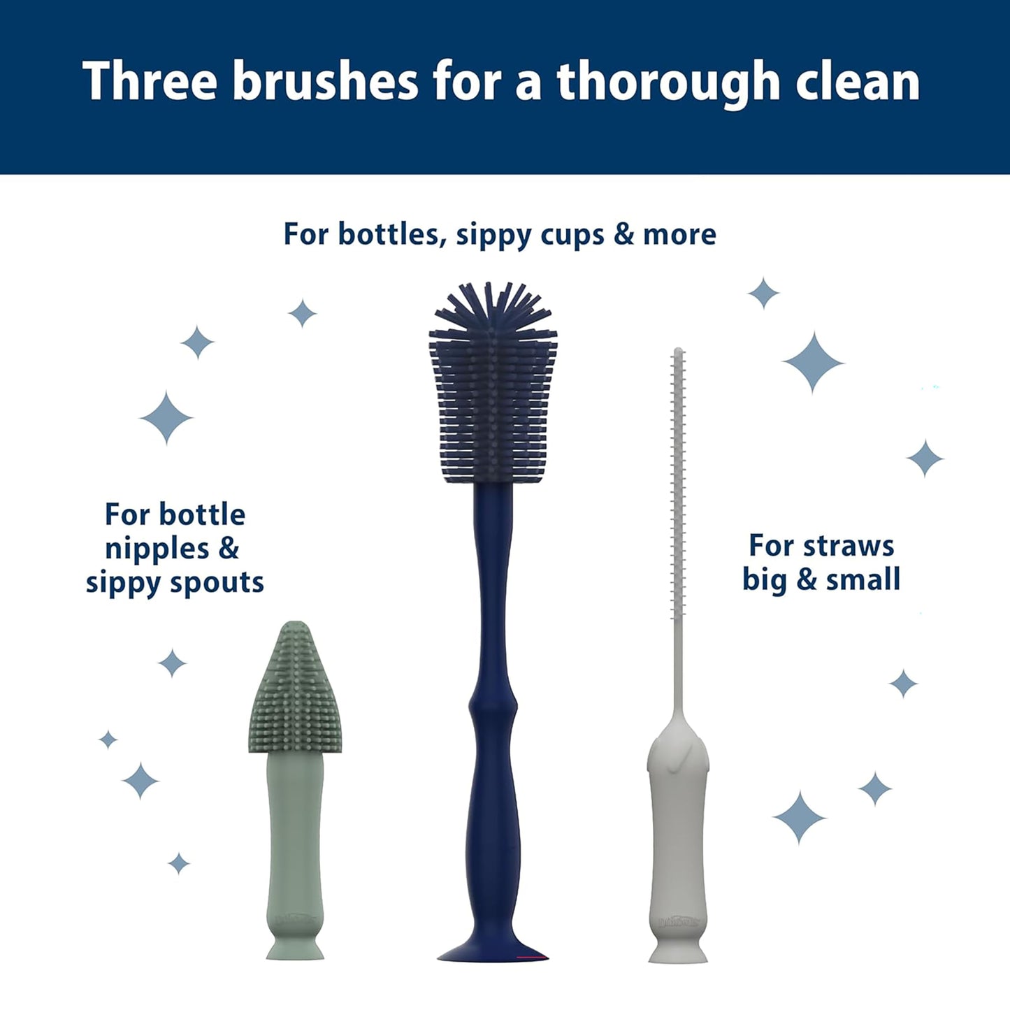 Dr. Brown's Complete Bottle Cleaning Set - 3-Pack Silicone Brush Set (Bottle, Spout & Straw) + 3-Pack Bottle Brush with Sponge & Scrubber