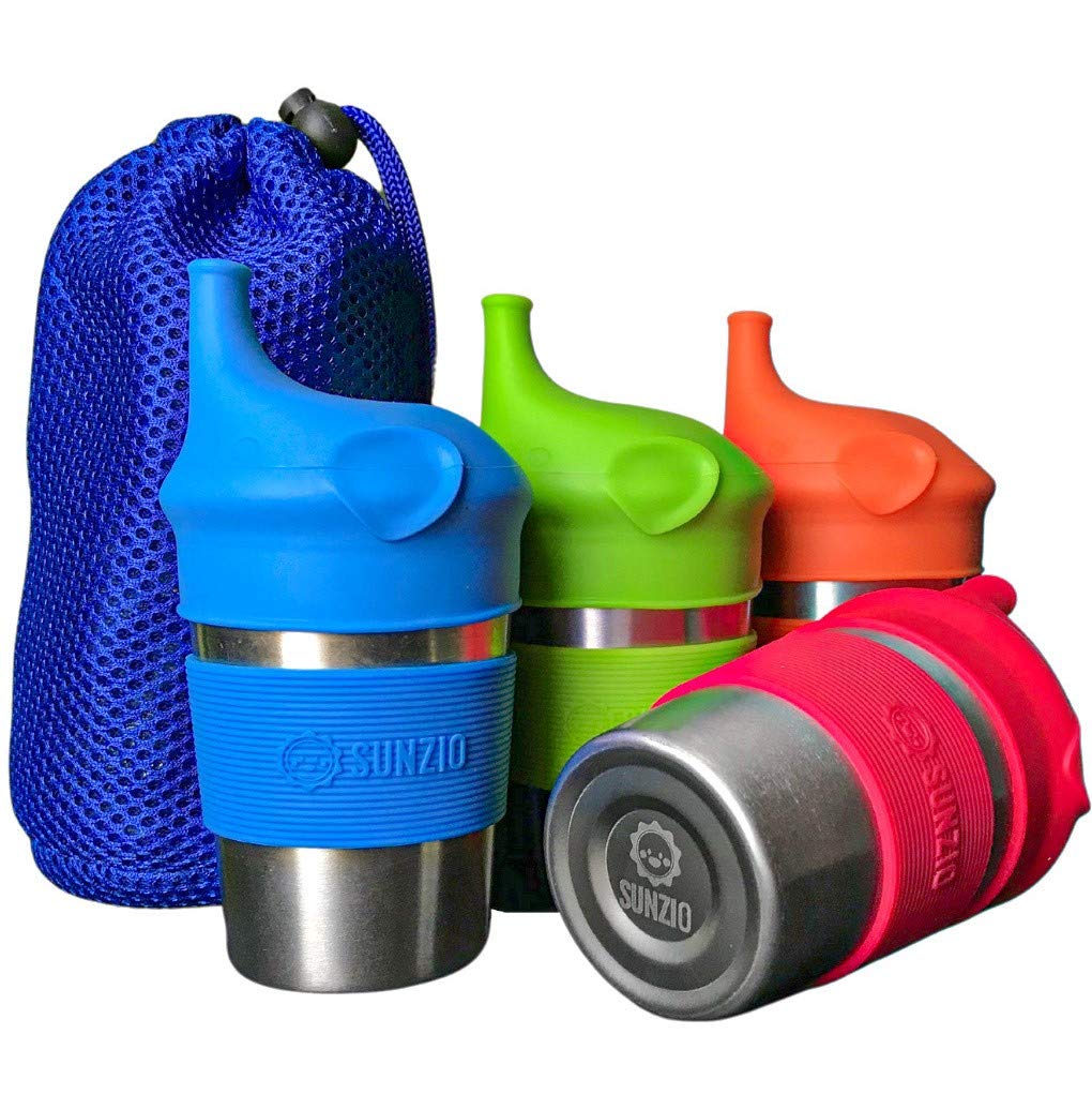 SUNZIO Sippy Cups for Toddlers and Kids, Stainless Steel Sippy Cup with Straw with Silicone Lids, BPA Free, Plastic Free, Break Proof Easy To Grip Soft Spout Cup for Babies, 10 oz, 4 Pack