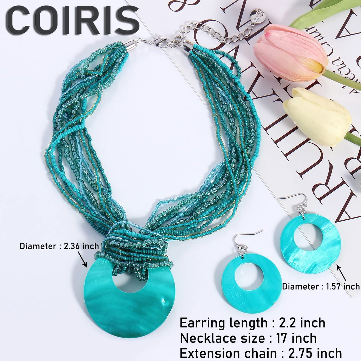 Coiris Multi Strand Statement Colorful Beaded Necklace with Big Circle Shell Pendant for Women (N0055-Teal)