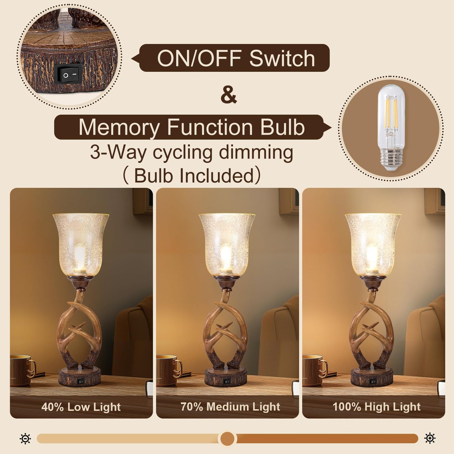 Scenekoy Antler Table Uplight Lamp, Rustic Resin Design, Glass Shade, USB Ports, 20.5·Height, Brown-5, Model SL005-UP
