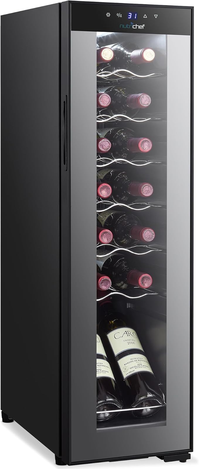 Nutrichef 14 Bottle Wine Fridge | Single Zone Wine Chiller | Adjustable Temp 41°F - 64°F | Ultra Quiet Operation | Wine Cooler for Home & Office | 34x10x17 IN (Black)