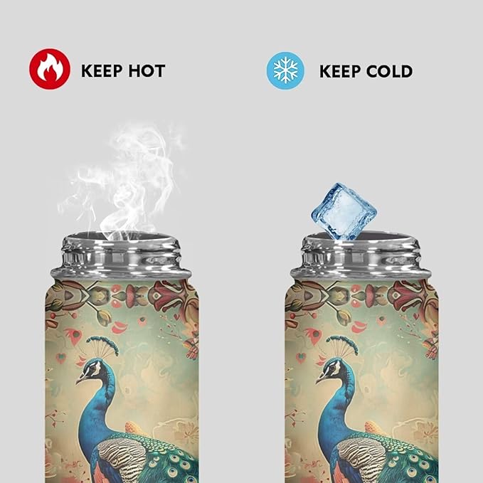 Peacocks Insulated Water Bottle 18 Oz Stainless Steel Leak Proof Vacuum Lightweight Keeps Cold and Hot Great for Travel Hiking Biking Running