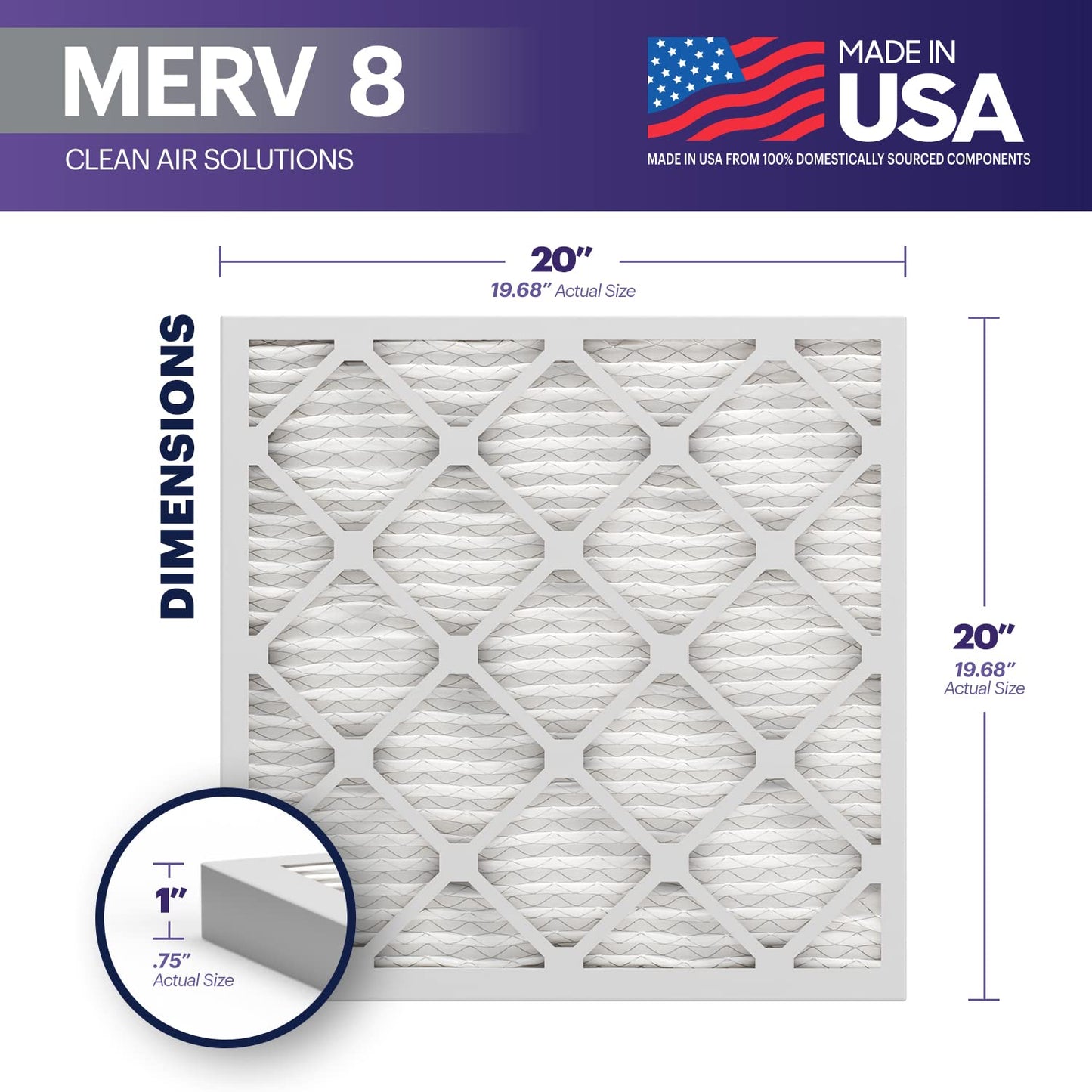 Bnx Trufilter 20X20X1 Air Filter Merv 8 (6-Pack) - Made In Usa - Dust & Pet Defense Electrostatic Pleated Air Conditioner Hvac A