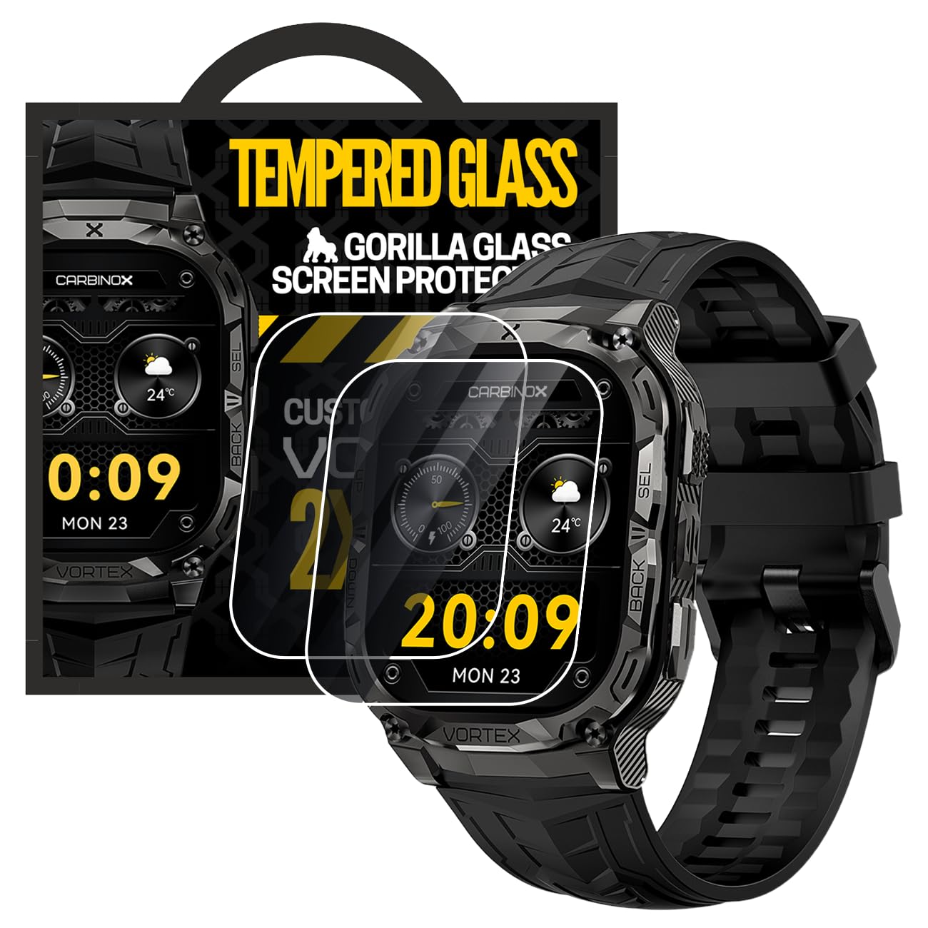 CARBINOX Vortex Smart Watch with Metal Band, Charger, Tempered Glass (2 Pack), Straps Rugged Fitness Tracker IP69K Waterproof Compatible with Android and iOS Phone, 14 Days of Battery Military Durable