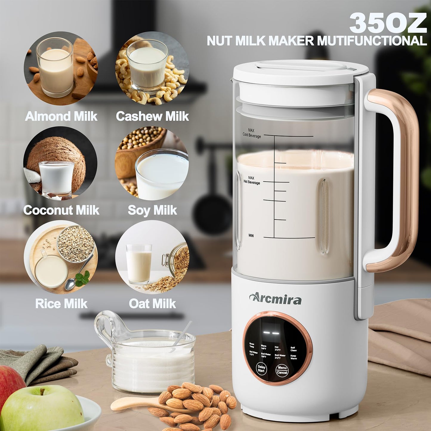 8 in 1 Automatic Nut Milk Maker, 10 Blade 35 oz Homemade Oat, Soy, Plant-Based and Dairy Free Beverages, Almond Milk Maker with Delay Start/Keep Warm/Boil Water, Soy Milk Maker with Nut Milk Bag
