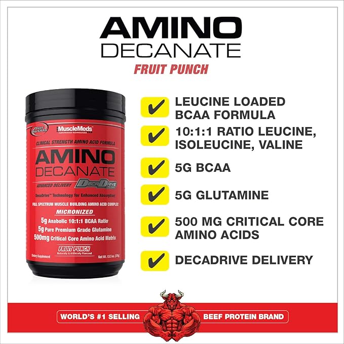 MuscleMeds Amino DECANATE, Intra, Post Workout Drink, Full Spectrum Amino Acid Complex, Leucine, Muscle Recovery, Fruit Punch, 30 Servings