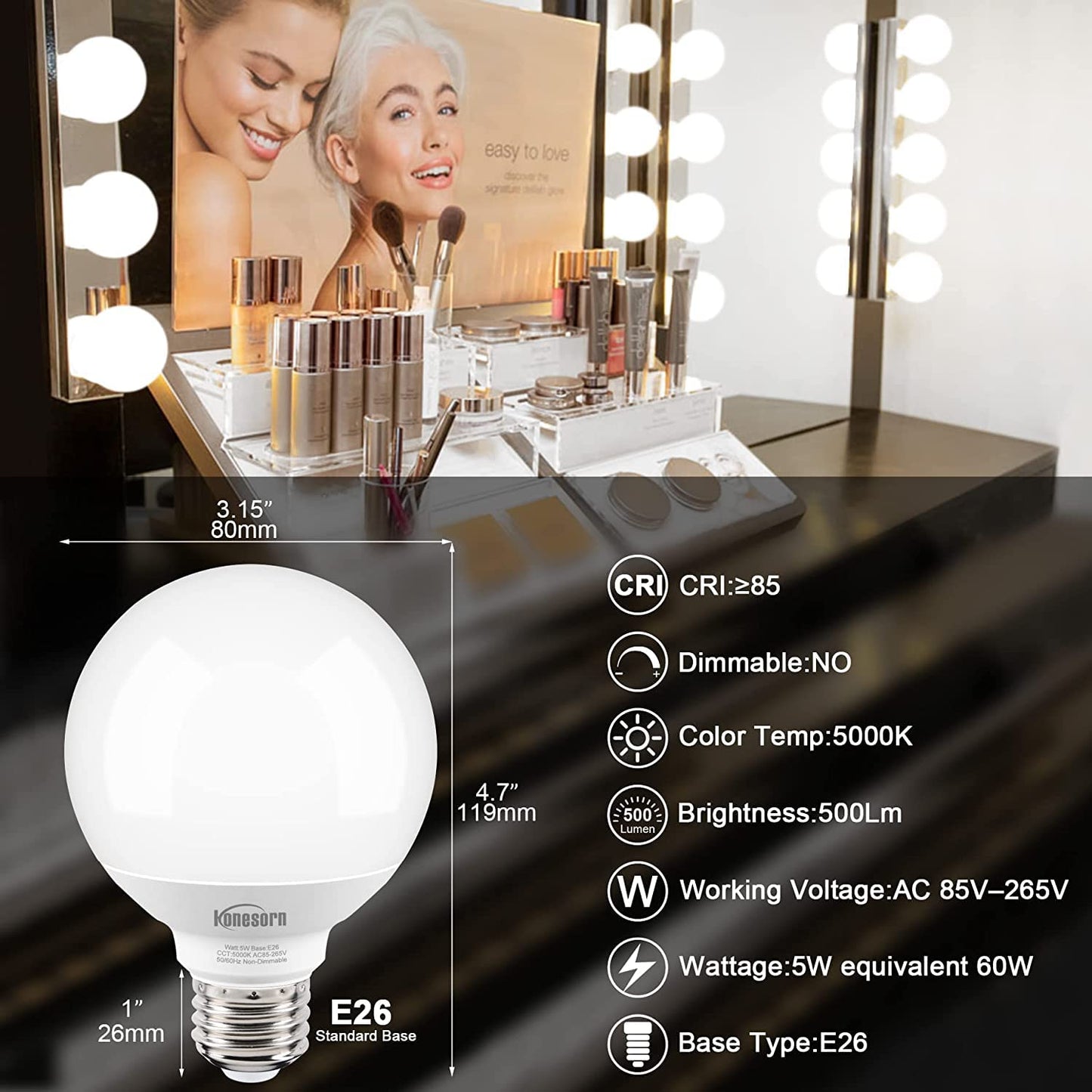 Honesorn Bathroom Light Bulbs E26 Base 40W Equivalent 5000K Daylight G25 Globe LED 4 Pack Plastic + Aluminum