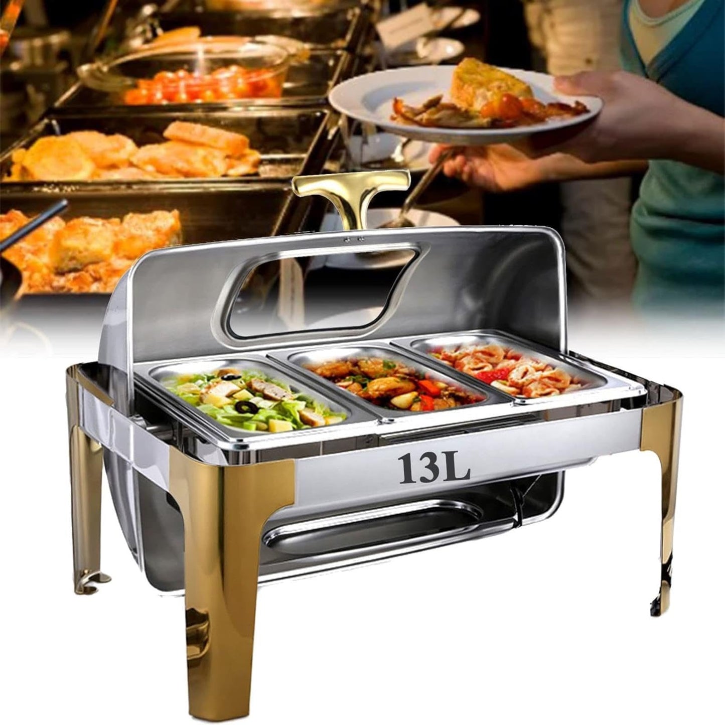 Electric Buffet Warmer, 13L Chafing Dish with Rolling Top, Catering Food Warmer Server for Parties, Events, and Buffets - Ideal for Large Gatherings