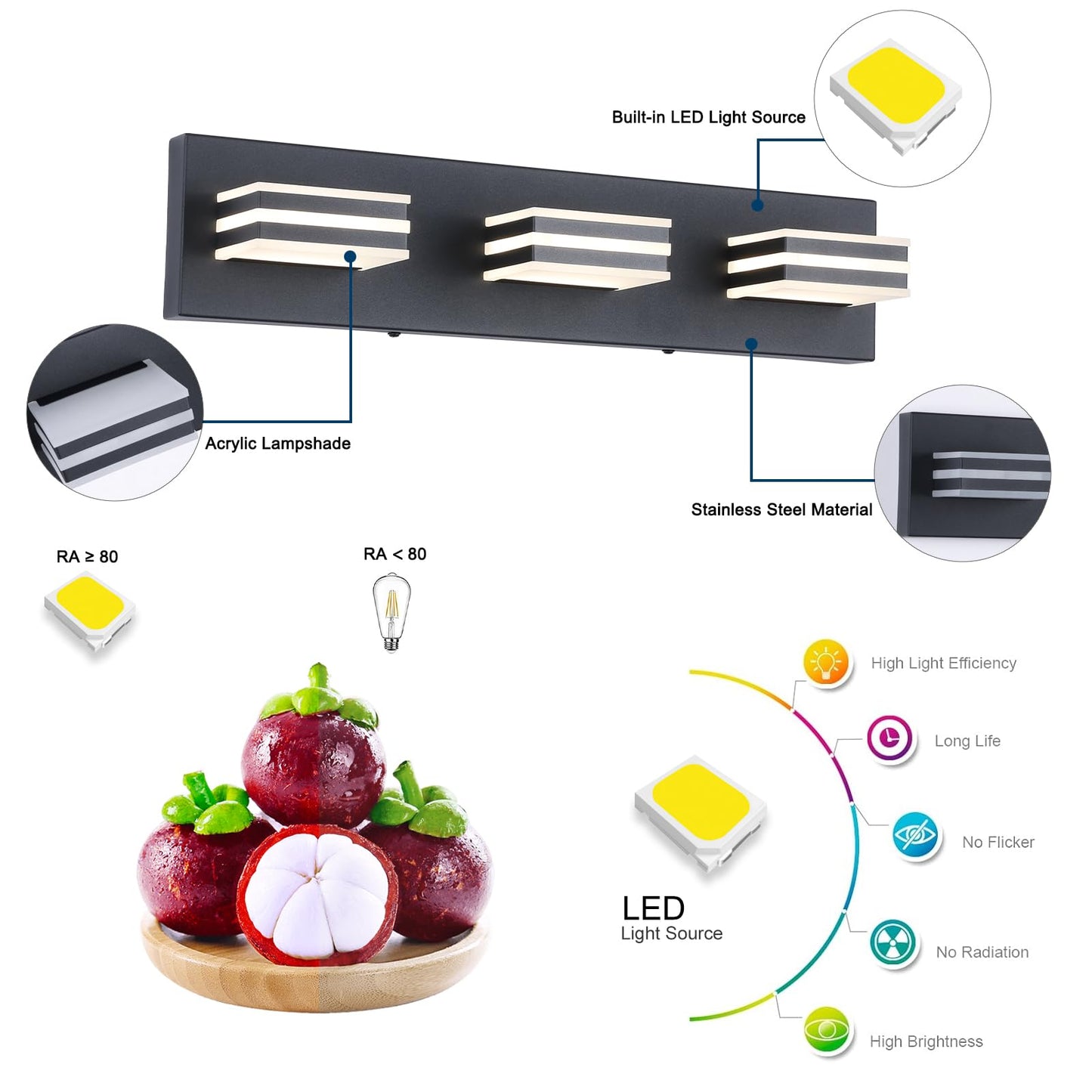 yumcrelect Black Vanity Lights for Bathroom Light Fixtures (3-Light, 20-Inch) Adjust 3 Colors Modern Bath Lighing Fixture Over Mirror LED Vanity Lighting
