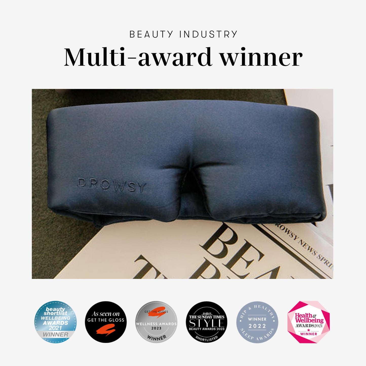 DROWSY Eyelash Protecting Silk Sleep Mask for Natural Lashes & Extensions. Deep Eye Cups, Zero Pressure, Total Blackout, Full Wraparound (Midnight Blue)