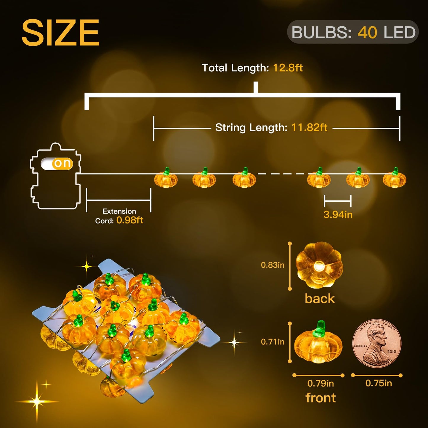 suddus Thanksgiving Lights - 40 LED Battery Operated Fairy Lights, 12.8 Ft, Orange Tiny Pumpkin, 8 Modes for Indoor Decorations