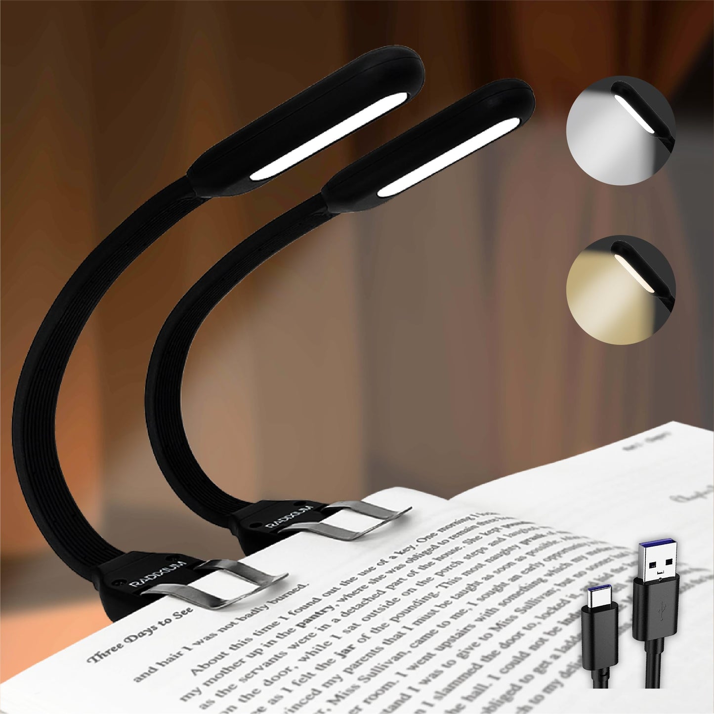 Slim Rechargeable Book Reading Light  Eye Caring Led With 4 Color Temperatures  Portable Clip On Book Light For Reading In Bed & Travelling. Prefect Elegant White Gift For Book Lover.(Black 2Pcs)