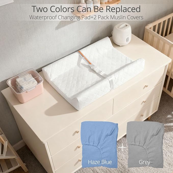 Muslin Baby Changing Pad, 2 Pack Muslin Soft Cotton Covers & Waterproof Lining Foam Diaper Changing Table Pad 32" x 16.6" Mat for Dressers