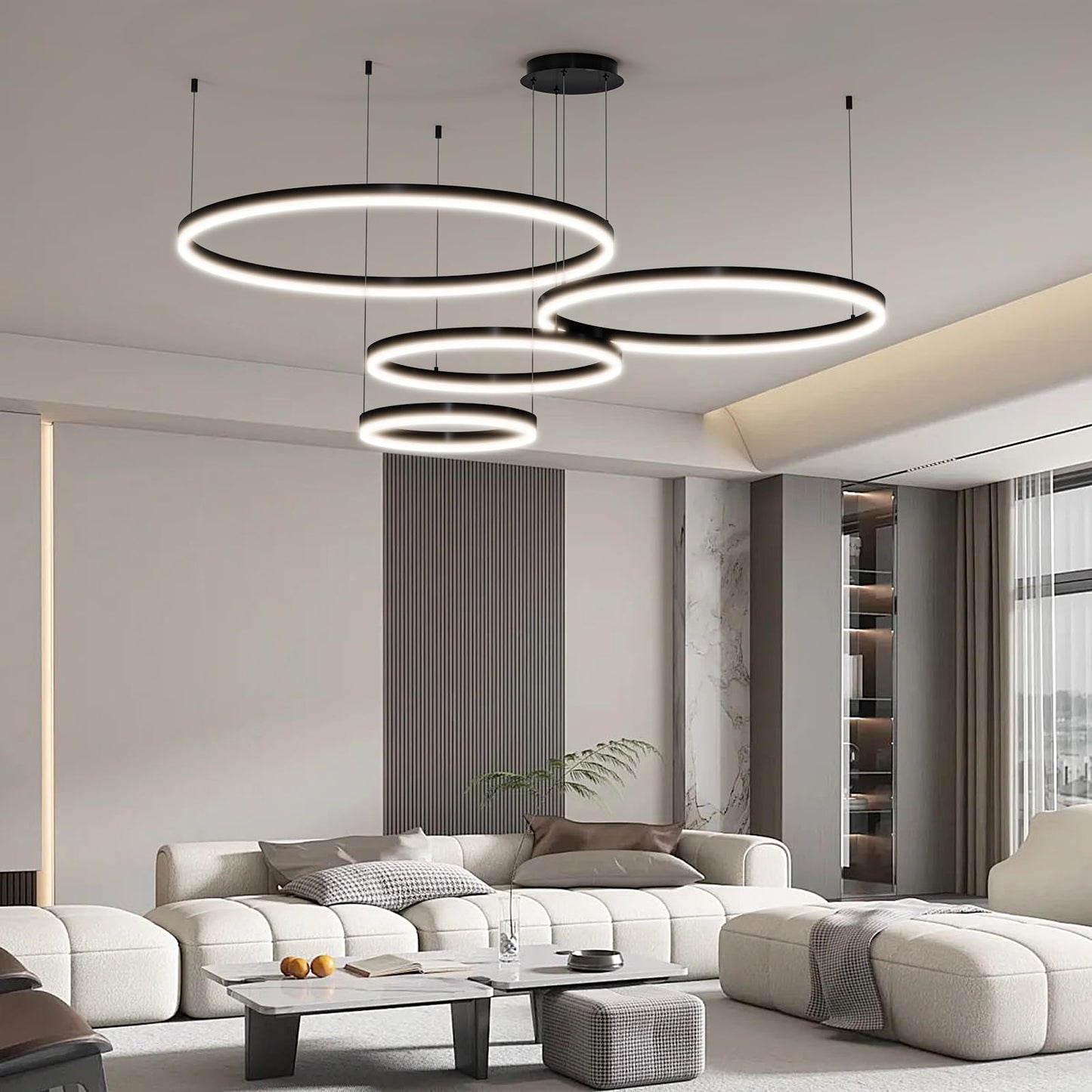 Matven Modern Dimmable Chandelier Light, Remote Control, 3 Color Modes, 15.7x23.6x31.4x39.3in, Black, Model KD-Y