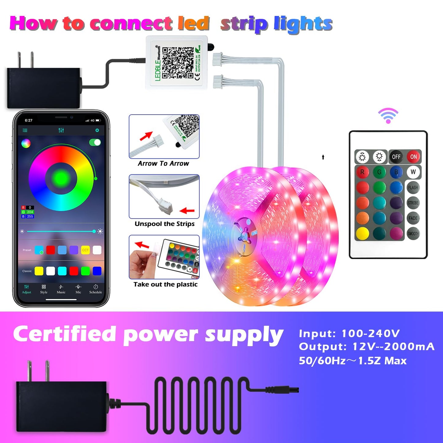 Letianpai Led Strip Lights 150Ft, Music Sync Rgb Color Changing, Bluetooth App Control, Remote Included For Bedroom And Party