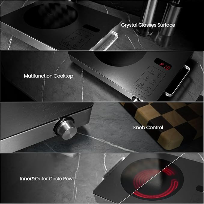 Portable Ceramic Cooktop Infrared Hot Plate,Stainless Steel Countertop Burner With Double Rings Heating Dual Control 10 Power 3H Timer Electric Stove For Cooking 1800W(Gray)