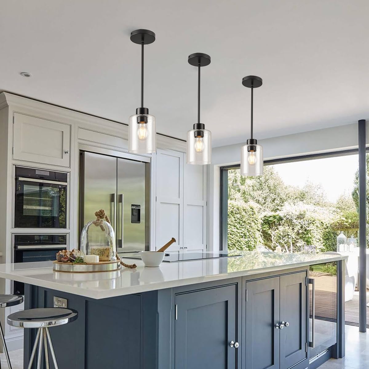 KLSS Black Pendant Light Fixture - Seeded Glass, Metal, 12 Inch & 4 Inch Rods, 3 Units, Model SDBL1P001