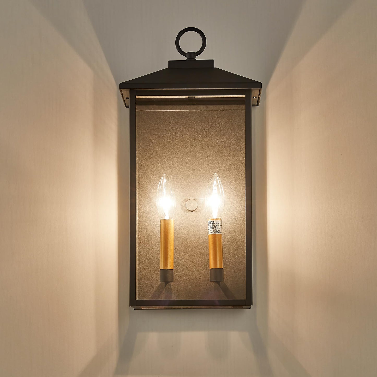 Tarentlight 18 Inch Wall Light In Clear Glass And Textured Black And Golden Candle Cap Sleeve Outdoor Lighting Wall Sconce 2-Light 120Watts For House Doorway Garage Bulb Not Included.