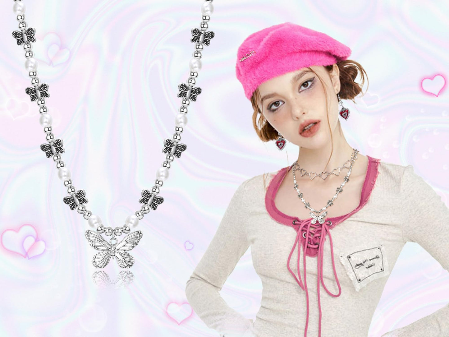 Subiceto 33Pcs Grunge Vintage Punk Necklace Jewelry Set Gothic Earrings Fairy Butterfly Boho Crystal Y2k Cross Pendent Butterfly Heart Choker Goth Stackable Knuckle Rings Adjustable