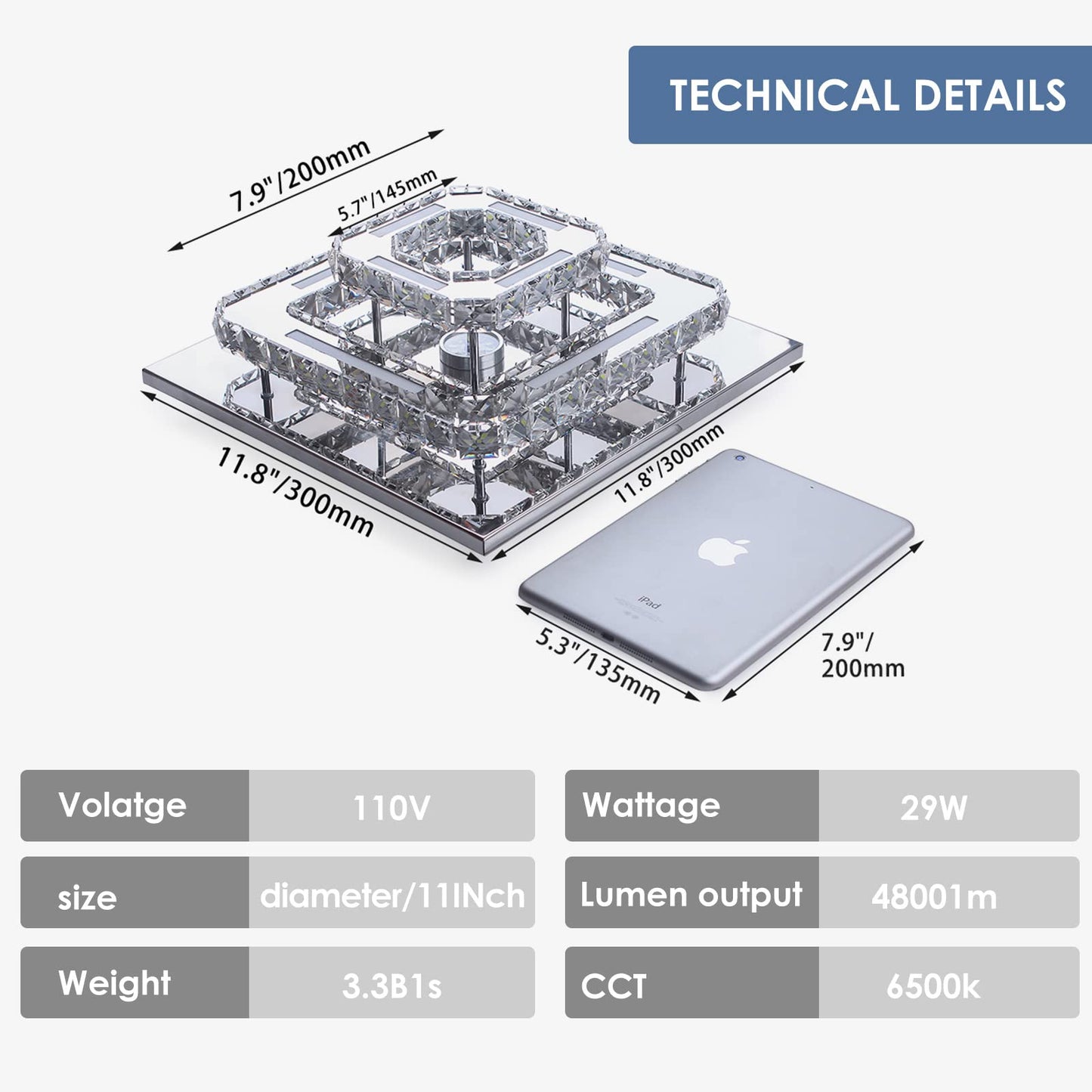 CXGLEAMING Modern LED Chandelier, Square Mini Pendant Light, Stainless Steel & K9 Crystals, Cool White, Model CX-MC031-CW