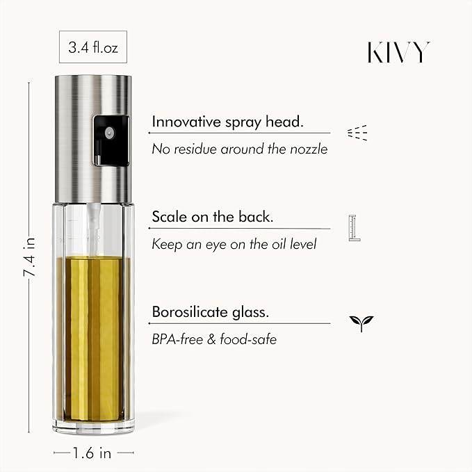 KIVY Glass Oil Sprayer for Cooking, Salads, BBQs & Airfryer [WITH LABELS] Innovative Spray with Portion Control - Oil Spray Bottle - Glass Olive Oil Sprayer - Cooking Oil Mister