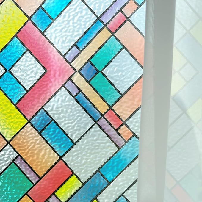 Window Film Privacy Classy Colorful Glazed Tiles Stained Glass Sliding Door Coverings Static Cling Frosted Church Tints Cover Contact Paper Non-Adhesive Heat Control Anti UV Reusble,17.5x78.7in.