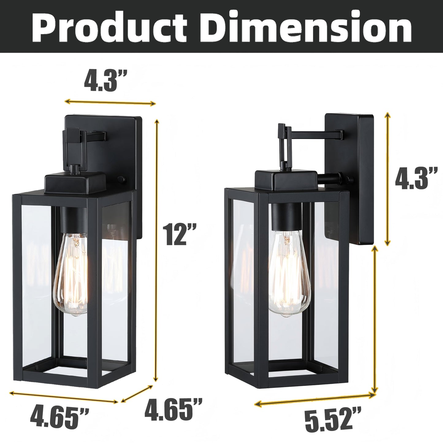 Faymart Lighting 2 Pack Outdoor Sconce Lights-12 Inch Outdoor Wall Light Exterior Sconce Steel And Glass Porch Light  Black Wall Lantern For Front Porch Garage Balcony