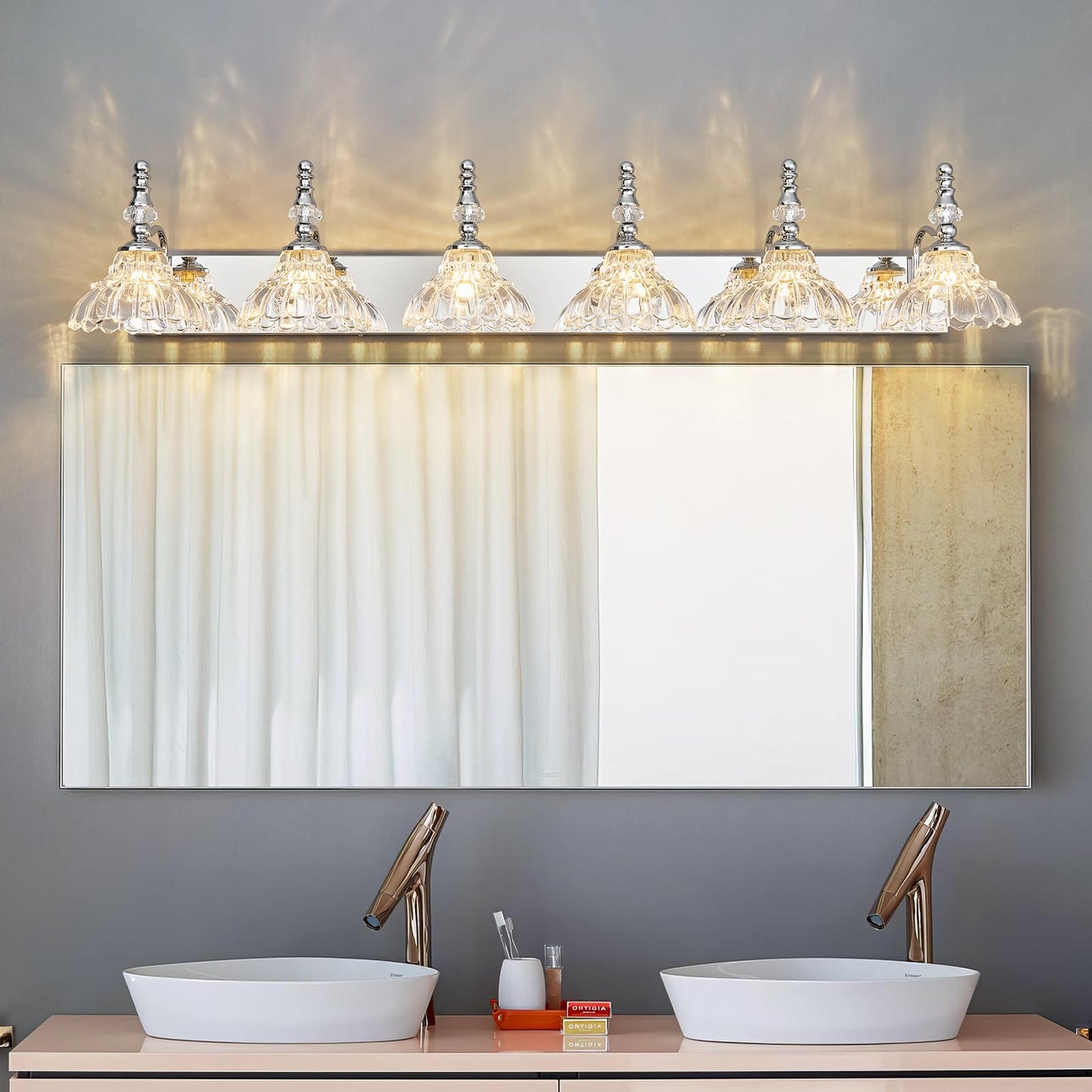 Lbsqj Vintage Bathroom Vanity Light  6-Light Chrome Vanity Lighting Fixture With Flower Glass Shade  Bathroom Lighting Fixtures Over Mirror