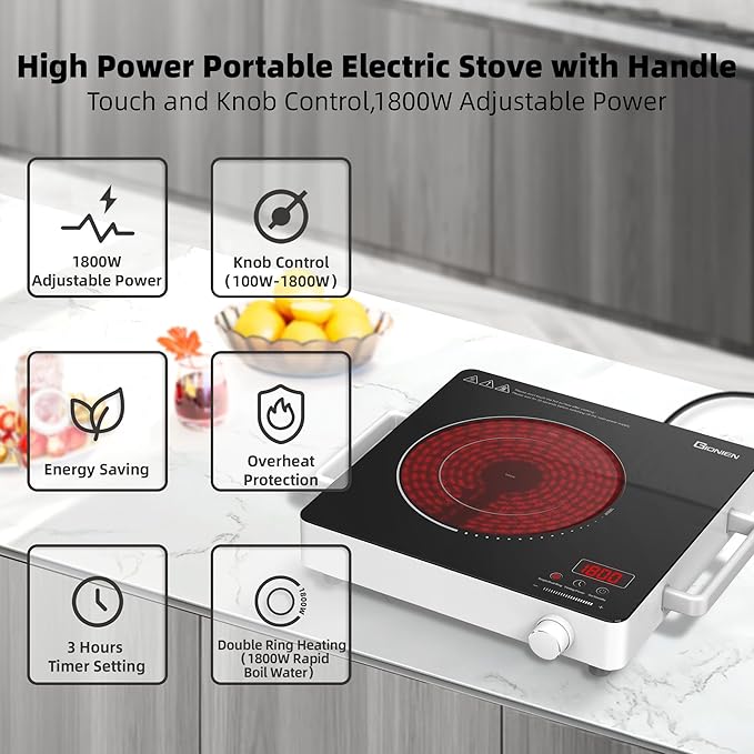 GIONIEN Electric Cooktop 1 Burner 110V, Portable Electric Stove with Handle, Ceramic Countertop Burner, Knob Control, ‌3-hour Timer, Safety Lock,3 Heat Modes,1800W