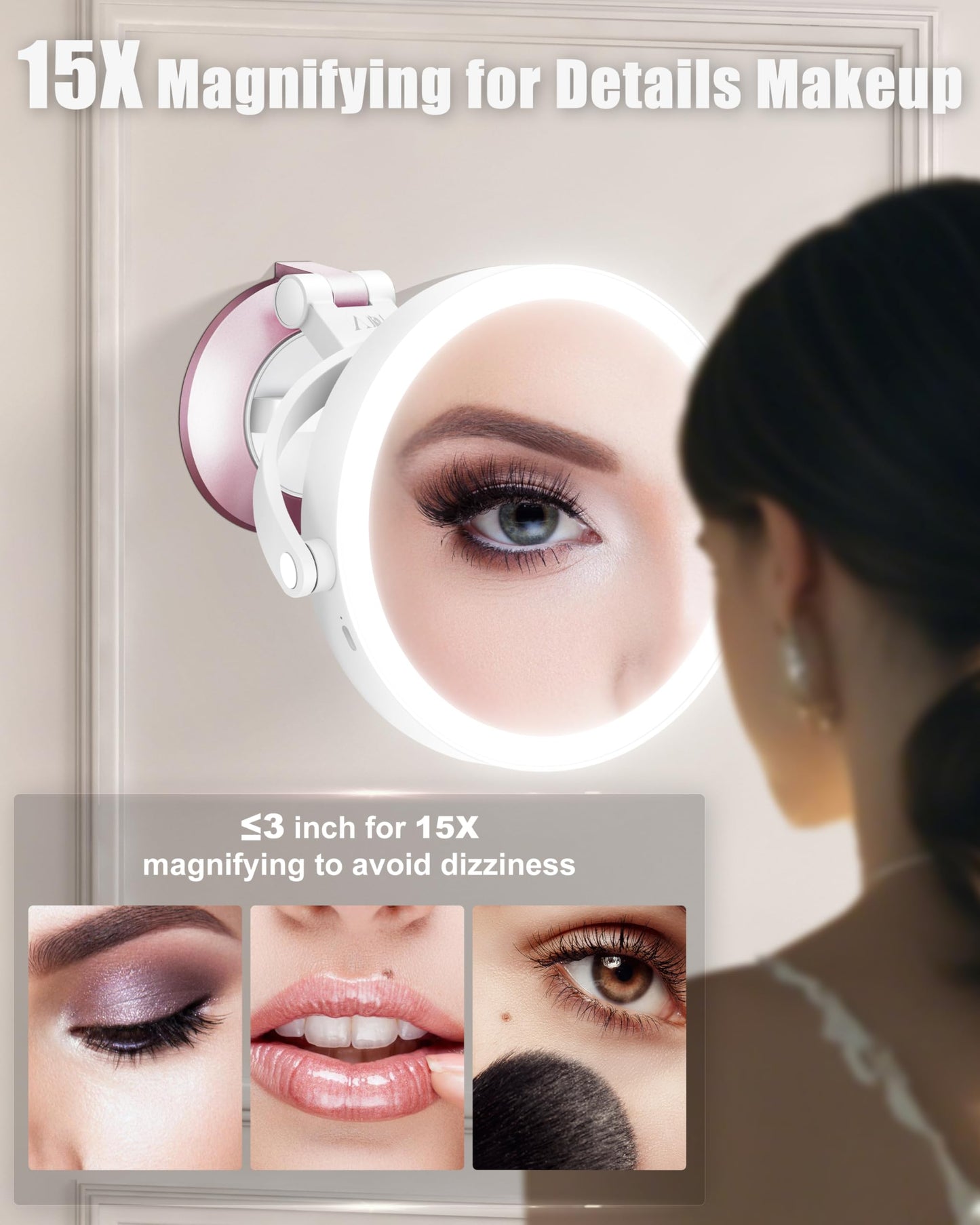 vpu 15X/1X Wall Mounted Magnifying Makeup Mirror with Power Suction Cup, Rechargeable Double Sided Regular HD/Magnification 3 Co