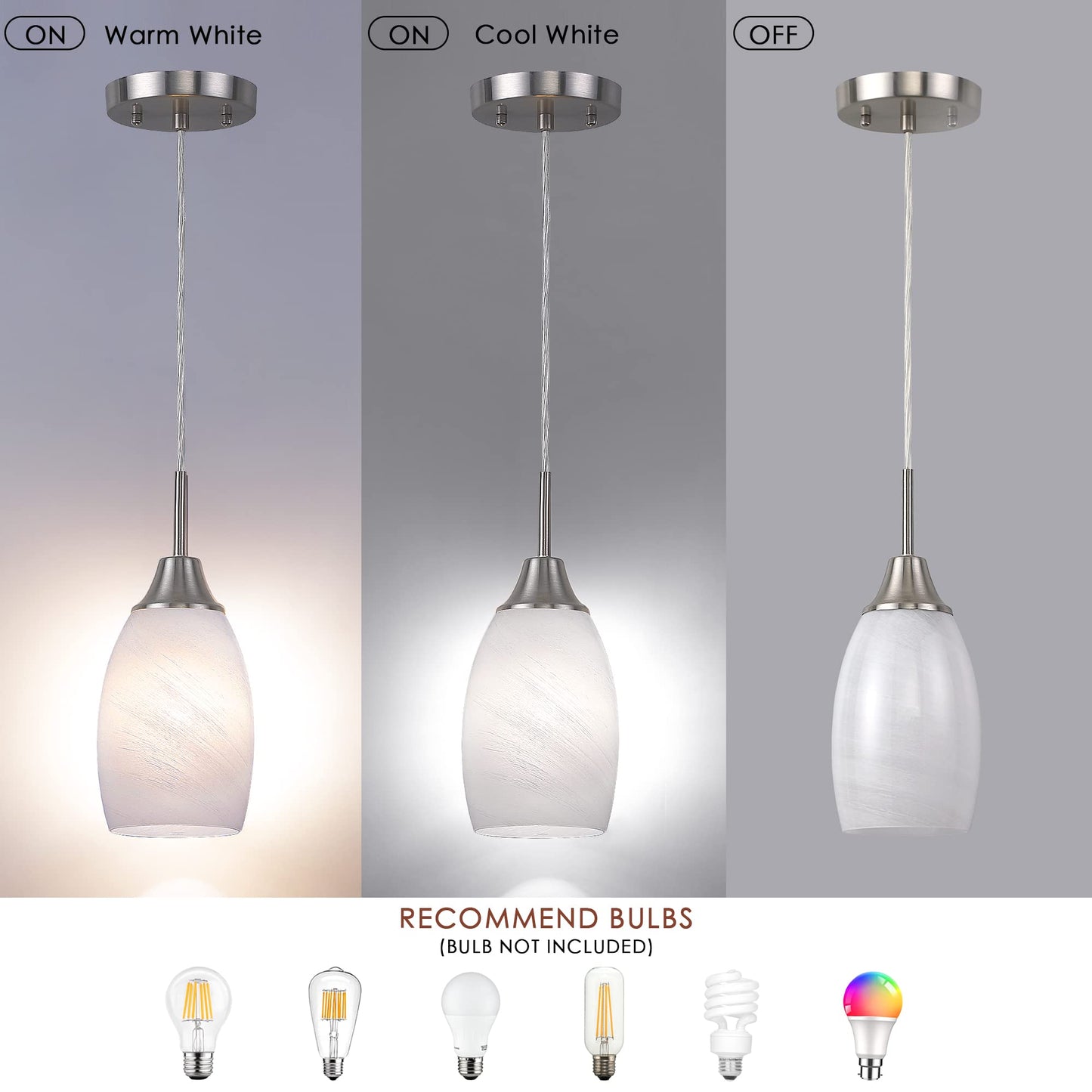 Viinew Mini Glass Pendant Light, Handblown White Swirl Art Glass, Adjustable Cord, Brushed Nickel, 4.72in, 1-Pack