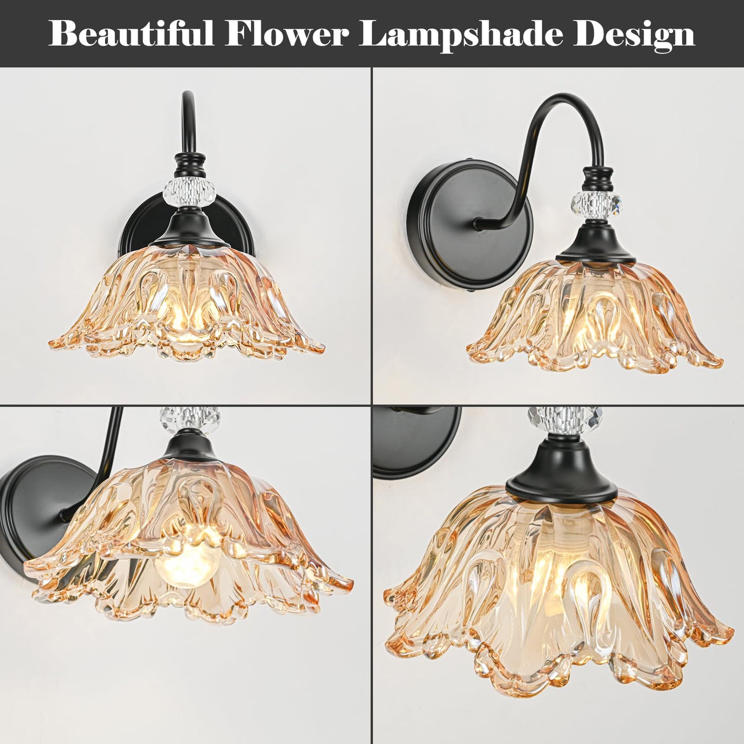 Sunkryster Black Wall Sconces With Floral Amber Glass Shades  Black Farmhouse Wall Mount Lighting For Bathroom Vintage Bathroom Vanity Light Fixtures
