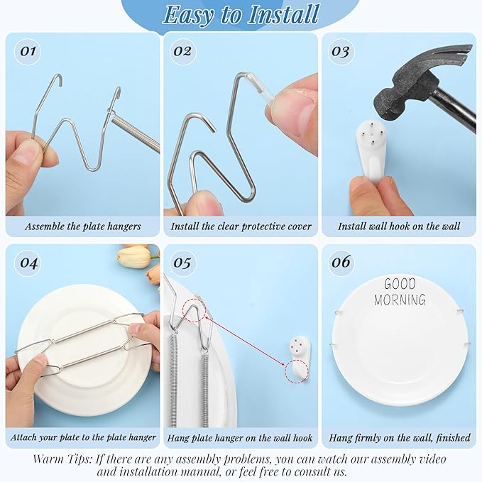 14 Pieces Plate Wall Hangers for Display - 6/8/10/12 Inch Invisible Plates Hanger, Stainless Steel Plate Holders with 14 Pieces Wall Hooks for 5.5 to 12.5 Inch Decorative Plates and Arts (Silver)